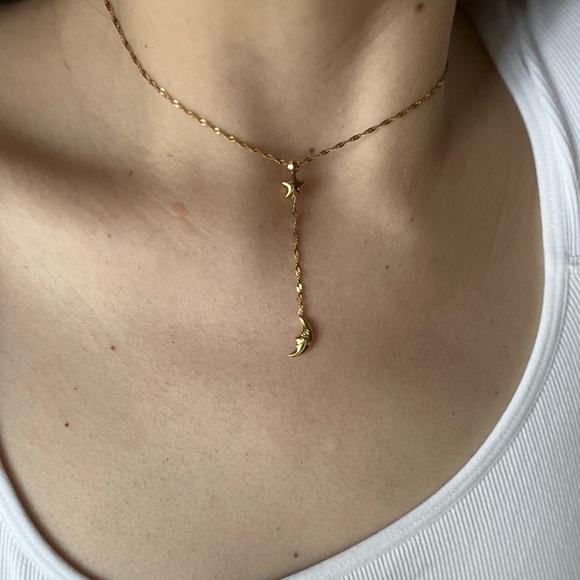 14k GOLD Lariat Necklace Moon Star cottage core fairy  layering Italy - Picture 4 of 4